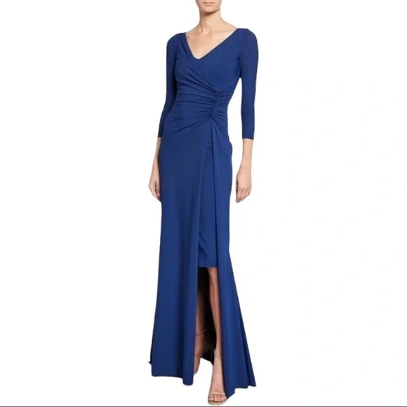 Chiara Boni La Petite Robe Piene V-Neck 3/4-Sleeve Gathered Overlay Gown, Blue, Women's, 2